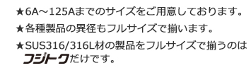 ★6A〜125Aまでのサイズをご用意しております。★各種製品の異径もフルサイズで揃います。★SUS316/316L材の製品をフルサイズで揃うのはフジトクだけです。